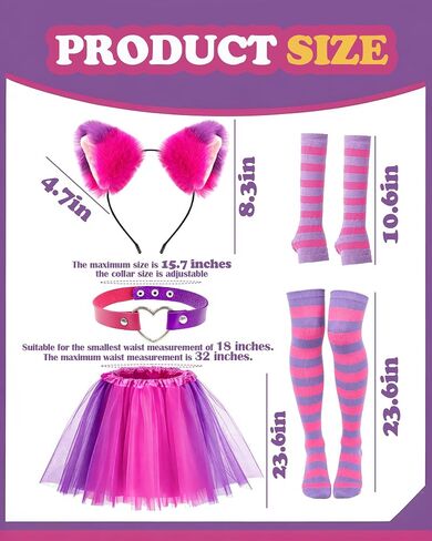 Hikkcos 5 Pcs Pink Purple Striped Cat Costume Accessory Set, Cat Ear Headband, Heart Choker, Striped Gloves, Long Socks, Tutu Skirt for Halloween Cosplay Party in Kuwait