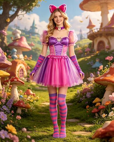 Hikkcos 5 Pcs Pink Purple Striped Cat Costume Accessory Set, Cat Ear Headband, Heart Choker, Striped Gloves, Long Socks, Tutu Skirt for Halloween Cosplay Party in Kuwait