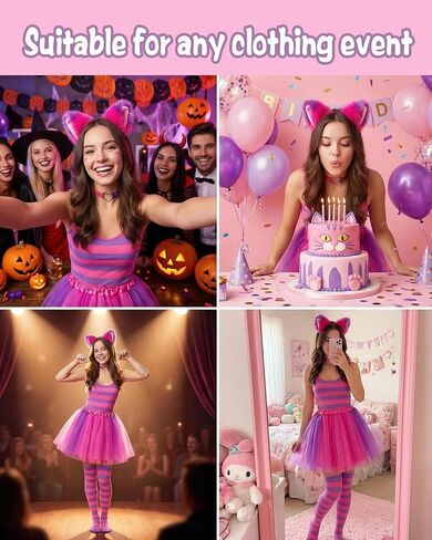 Hikkcos 5 Pcs Pink Purple Striped Cat Costume Accessory Set, Cat Ear Headband, Heart Choker, Striped Gloves, Long Socks, Tutu Skirt for Halloween Cosplay Party in Kuwait