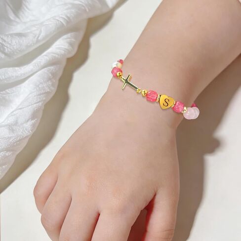 Cross Initial A-Z Bracelet for Girls Cross Bracelet for Baptism First Communion Christening Christian Religious Easter Confirmation Gifts for Daughter Granddaughter Niece Goddaughter Silver Gift Box in Saudi Arabia