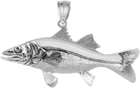 Sterling Silver Snook Fish 3D Solid Pendant, Made in USA in Saudi Arabia