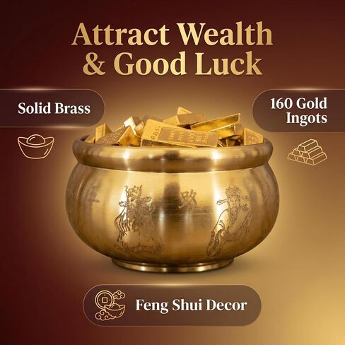 Solid Brass Feng Shui Money Bowl with 160 Gold Bricks, Five Paths Wealth God, 300g 6x6x3cm (2.4in), Place on Wealth Corner or Altar, office desk, home, feng shui decor, Attracts Daily Abundance in Saudi Arabia