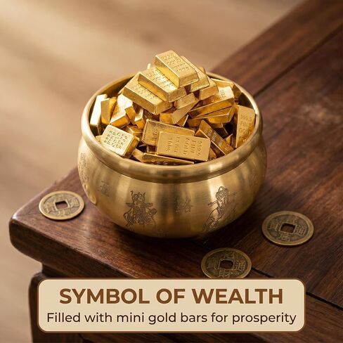 Solid Brass Feng Shui Money Bowl with 160 Gold Bricks, Five Paths Wealth God, 300g 6x6x3cm (2.4in), Place on Wealth Corner or Altar, office desk, home, feng shui decor, Attracts Daily Abundance in Saudi Arabia