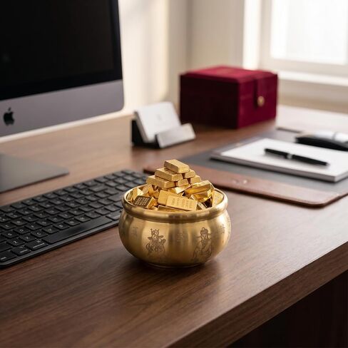 Solid Brass Feng Shui Money Bowl with 160 Gold Bricks, Five Paths Wealth God, 300g 6x6x3cm (2.4in), Place on Wealth Corner or Altar, office desk, home, feng shui decor, Attracts Daily Abundance in Saudi Arabia