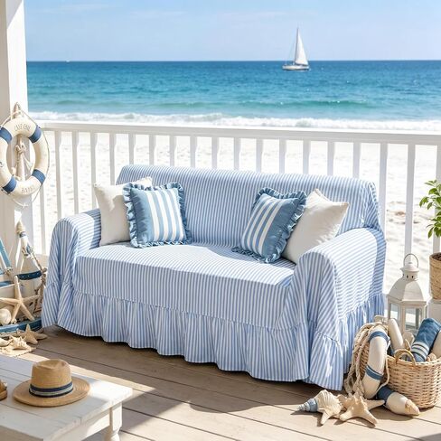 Frienda Blue Stripe Ruffle Couch Cover Farmhouse Coastal Cotton Blend Washable Sofa Slipcovers for 3 Seat Blue White Striped Ruffle Couch Cover for Living Room Bedroom Home Guest Room Decor, 71"x118" in Kuwait