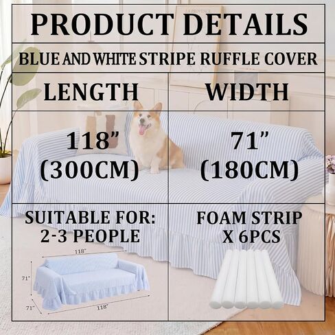 Frienda Blue Stripe Ruffle Couch Cover Farmhouse Coastal Cotton Blend Washable Sofa Slipcovers for 3 Seat Blue White Striped Ruffle Couch Cover for Living Room Bedroom Home Guest Room Decor, 71"x118" in Kuwait