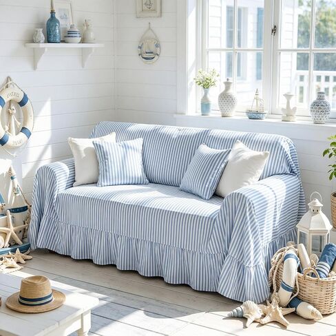 Frienda Blue Stripe Ruffle Couch Cover Farmhouse Coastal Cotton Blend Washable Sofa Slipcovers for 3 Seat Blue White Striped Ruffle Couch Cover for Living Room Bedroom Home Guest Room Decor, 71"x118" in Kuwait