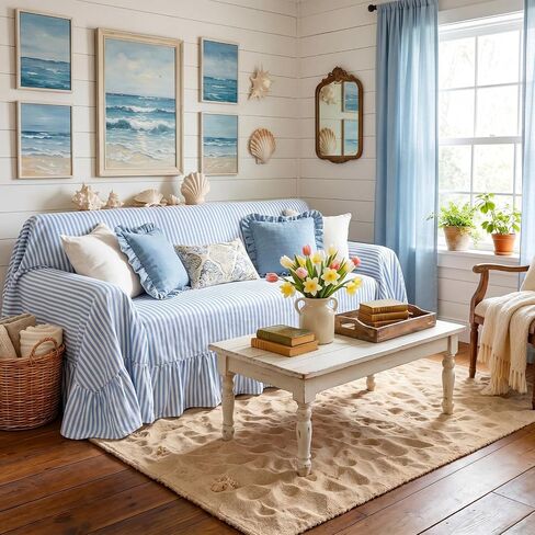 Frienda Blue Stripe Ruffle Couch Cover Farmhouse Coastal Cotton Blend Washable Sofa Slipcovers for 3 Seat Blue White Striped Ruffle Couch Cover for Living Room Bedroom Home Guest Room Decor, 71"x118" in Kuwait