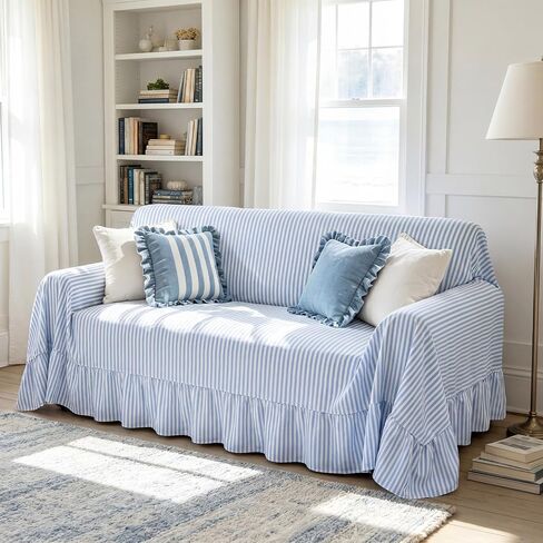 Frienda Blue Stripe Ruffle Couch Cover Farmhouse Coastal Cotton Blend Washable Sofa Slipcovers for 3 Seat Blue White Striped Ruffle Couch Cover for Living Room Bedroom Home Guest Room Decor, 71"x118" in Kuwait