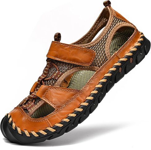 GREKS Men’s Closed-Toe Sandals Leather Sandals for Men Outdoor Hiking Beach Shoes Adjustable Breathable Sandals in Saudi Arabia