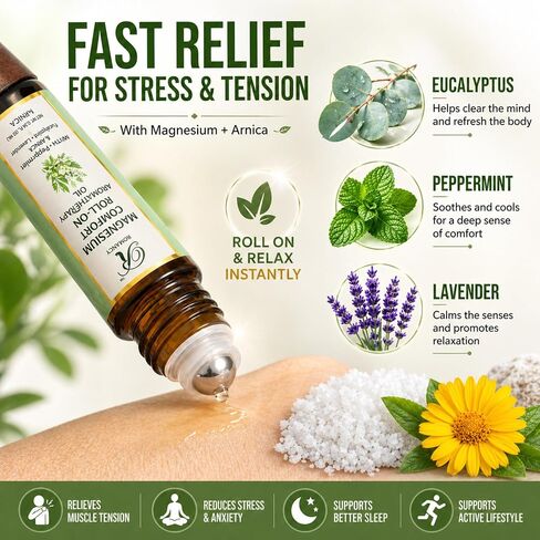Migraine Relief Roll-On for Headache Relief with Magnesium & Arnica – Peppermint, Lavender & Eucalyptus Essential Oils – Cooling Aromatherapy Oil for Stress, Tension & Sinus Support – 10ml in Kuwait