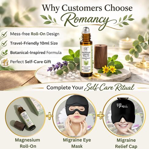 Migraine Relief Roll-On for Headache Relief with Magnesium & Arnica – Peppermint, Lavender & Eucalyptus Essential Oils – Cooling Aromatherapy Oil for Stress, Tension & Sinus Support – 10ml in Kuwait