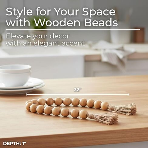 Wood Decorative Objects Bead Garland – Decorative Object Accent for Styling – Coffee Table or Shelf Display – Rustic Bead Tassels for Relaxed Accessories, Home Decor – 32", Brown in Kuwait