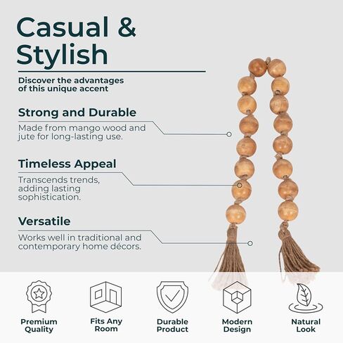 Wood Decorative Objects Bead Garland – Decorative Object Accent for Styling – Coffee Table or Shelf Display – Rustic Bead Tassels for Relaxed Accessories, Home Decor – 32", Brown in Kuwait