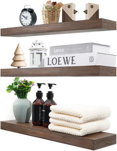 Wood Floating Shelves for Wall Set of 3, 22 Inch Rustic Floating Shelf Wall Mount, Solid Wooden Bathroom Floating Shelves for Kitchen, Bedroom, Living Room - Dark Walnut in Saudi Arabia