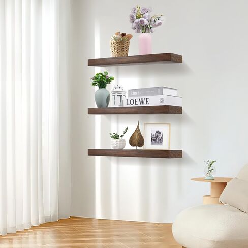 Wood Floating Shelves for Wall Set of 3, 22 Inch Rustic Floating Shelf Wall Mount, Solid Wooden Bathroom Floating Shelves for Kitchen, Bedroom, Living Room - Dark Walnut in Saudi Arabia