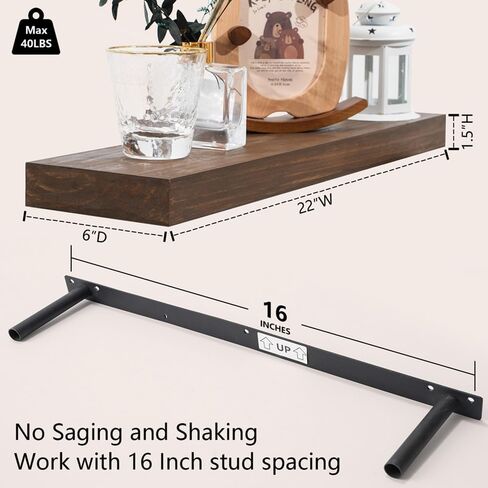 Wood Floating Shelves for Wall Set of 3, 22 Inch Rustic Floating Shelf Wall Mount, Solid Wooden Bathroom Floating Shelves for Kitchen, Bedroom, Living Room - Dark Walnut in Saudi Arabia