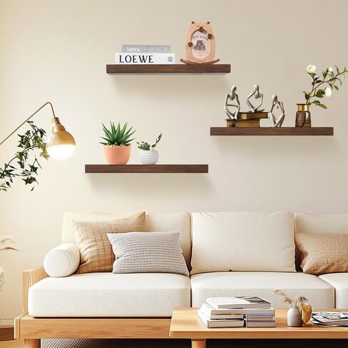 Wood Floating Shelves for Wall Set of 3, 22 Inch Rustic Floating Shelf Wall Mount, Solid Wooden Bathroom Floating Shelves for Kitchen, Bedroom, Living Room - Dark Walnut in Saudi Arabia
