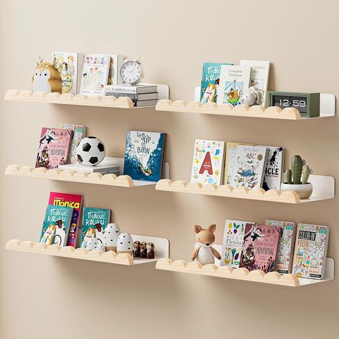 6-Pack Nursery Book Shelves, Scalloped Floating Shelves for Wall Kids, 15.7" Wood Wall Book Shelf for Bedroom Kids, Toddler Room, Baby Room, Nursery Decor,All White in Saudi Arabia