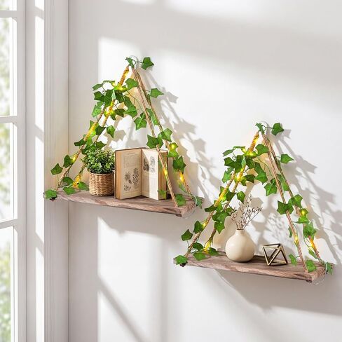 2 Pack Floating Shelves for Wall Decor Storage Hanging Shelves with Artificial Ivy Garland & LED-Strip for Living Room, Bedroom Space Saving Shelf, Green Ivy, Light-Colored Wooden Board in Saudi Arabia