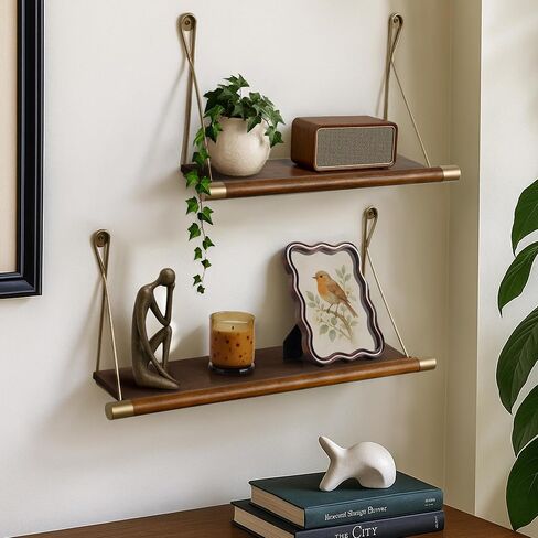 Afuly Mid Century Modern Decor Walnut Floating Shelves for Wall Mounted Shelf Unit Solid Wood Rustic Decorative Shelving Living Room Bedroom Coffee Bar Bathroom Display Plant Photo 24in&20in in Saudi Arabia