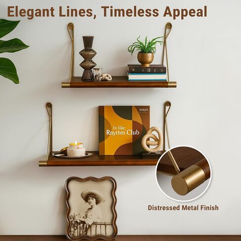 Afuly Mid Century Modern Decor Walnut Floating Shelves for Wall Mounted Shelf Unit Solid Wood Rustic Decorative Shelving Living Room Bedroom Coffee Bar Bathroom Display Plant Photo 24in&20in in Saudi Arabia