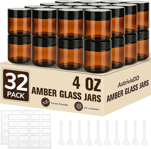 32 Pcs 4 oz Glass Jars with Lids, Amber Glass Jars with 40 Labels & 10 Spatulas, Inner Liners, LeakProof, UV-Protective,Round Glass Containers for Essential Oils, Spices, Candle Making,DIY in Saudi Arabia