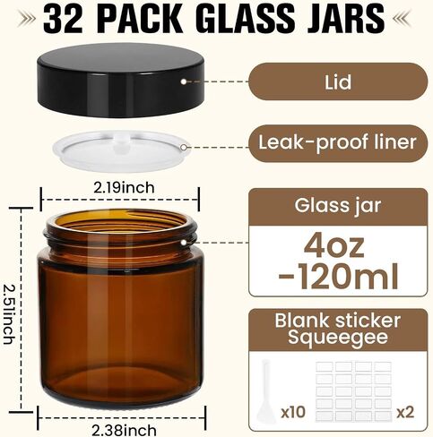 32 Pcs 4 oz Glass Jars with Lids, Amber Glass Jars with 40 Labels & 10 Spatulas, Inner Liners, LeakProof, UV-Protective,Round Glass Containers for Essential Oils, Spices, Candle Making,DIY in Saudi Arabia