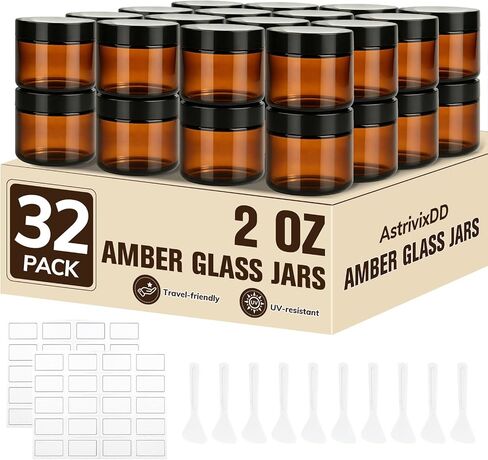 32 Pcs 4 oz Glass Jars with Lids, Amber Glass Jars with 40 Labels & 10 Spatulas, Inner Liners, LeakProof, UV-Protective,Round Glass Containers for Essential Oils, Spices, Candle Making,DIY in Saudi Arabia