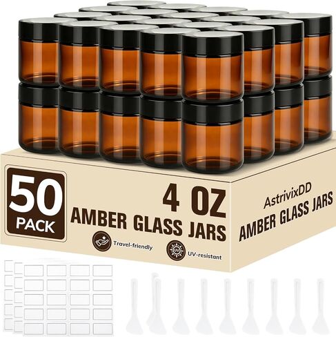32 Pcs 4 oz Glass Jars with Lids, Amber Glass Jars with 40 Labels & 10 Spatulas, Inner Liners, LeakProof, UV-Protective,Round Glass Containers for Essential Oils, Spices, Candle Making,DIY in Saudi Arabia