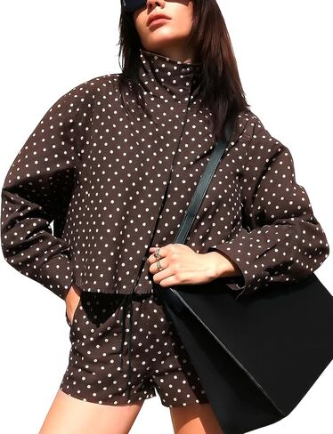 Women's Polka Dot Puffed Jacket Fall High Collar Adjustable Drawstring Hem Coat Outerwear in Saudi Arabia