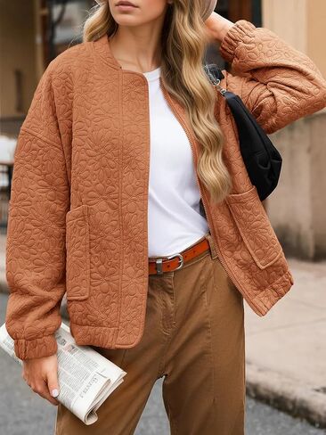 Tankaneo Womens Bomber Jackets Zip Up Fashion Cute Jacquard Lightweight Coats Fall Varsity jacket in Kuwait