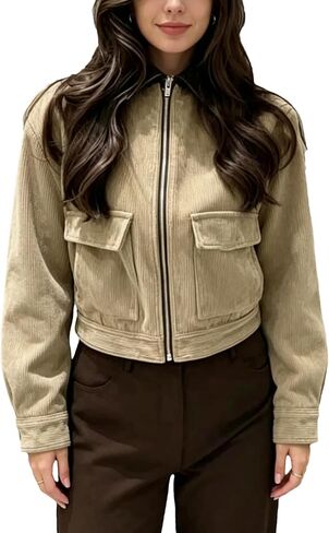 Zontroldy Women's Cropped Corduroy Jacket Faux Leather Collar Casual Jackets Shacket Coats with Pockets in Kuwait