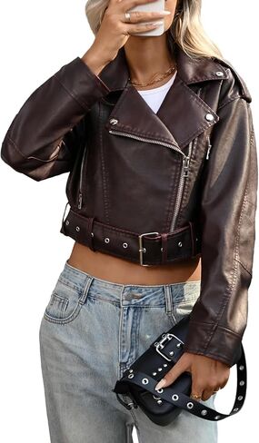 LY VAREY LIN Women Faux Leather Cropped Jacket Lapel Zipper Biker Bomber Coat with Belt in Saudi Arabia