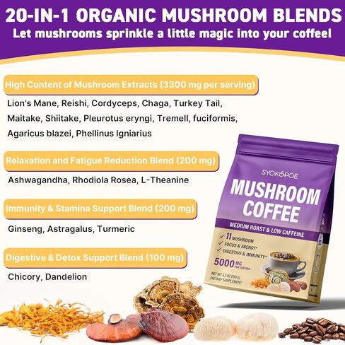 Mushroom Coffee Organic, 11 Mushrooms + 8 Adaptogenic Herb Mushroom Coffee for Focus, Energy, Digestion & Immune Support| Cordyceps, Lion’s Mane, Reishi, Chaga & Ashwagandha| Gluten Free, 30 Servings in Saudi Arabia