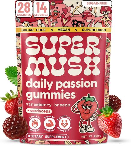 SuperMush Daily Passion Horny Goat Weed Gummies for Men & Women - Intimacy Gummies with Cordyceps, Reishi & Maca Root - Ignite Feel-Good Vibes & Lasting Energy Supplement, Made in the USA (28 Count) in Saudi Arabia