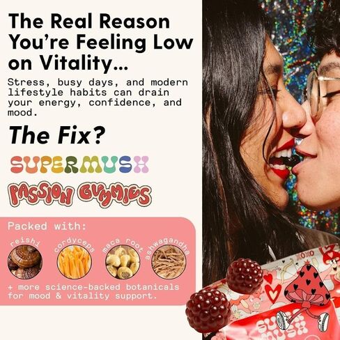 SuperMush Daily Passion Horny Goat Weed Gummies for Men & Women - Intimacy Gummies with Cordyceps, Reishi & Maca Root - Ignite Feel-Good Vibes & Lasting Energy Supplement, Made in the USA (28 Count) in Saudi Arabia