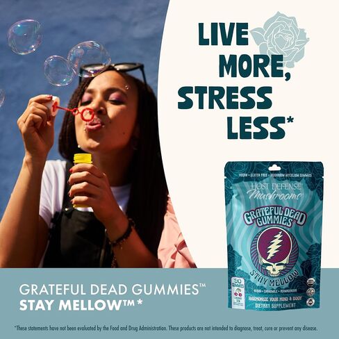Host Defense Stay Mellow Grateful Dead Gummies - Reishi Mushroom Gummies with Ashwagandha, Chamomile & Lions Mane - Support for Stress Reduction and Relaxation (30 Servings) in Kuwait