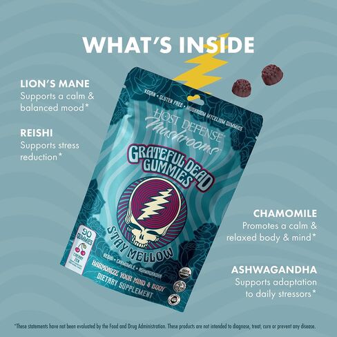 Host Defense Stay Mellow Grateful Dead Gummies - Reishi Mushroom Gummies with Ashwagandha, Chamomile & Lions Mane - Support for Stress Reduction and Relaxation (30 Servings) in Kuwait