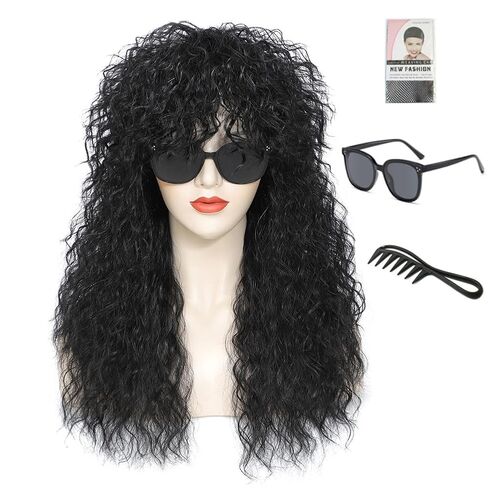 Heavy metal rock wig with voluminous curls — perfect for Halloween costumes, 1980s-themed parties, and cosplay (Black) in Kuwait