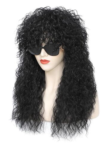 Heavy metal rock wig with voluminous curls — perfect for Halloween costumes, 1980s-themed parties, and cosplay (Black) in Kuwait
