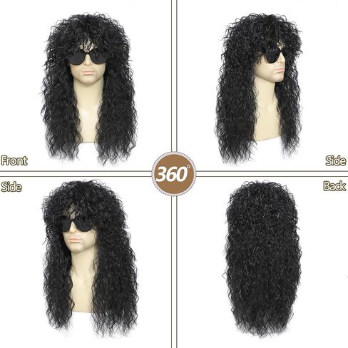 Heavy metal rock wig with voluminous curls — perfect for Halloween costumes, 1980s-themed parties, and cosplay (Black) in Kuwait