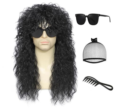 Heavy metal rock wig with voluminous curls — perfect for Halloween costumes, 1980s-themed parties, and cosplay (Black) in Kuwait