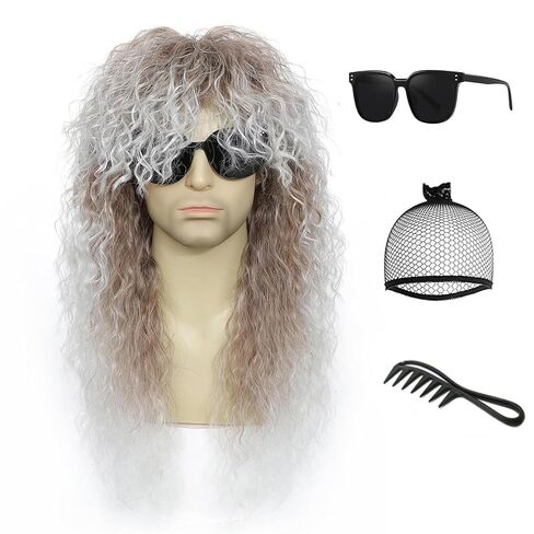 Heavy metal rock wig with voluminous curls — perfect for Halloween costumes, 1980s-themed parties, and cosplay (Black) in Kuwait