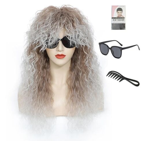 Heavy metal rock wig with voluminous curls — perfect for Halloween costumes, 1980s-themed parties, and cosplay (Black) in Kuwait