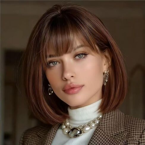 Short Bob Wig,Straight Bob Wig with bangs, 12 inch Straight Bob Bangs Wig,Short Synthetic Fiber Bob Wigs for Women Natural Looking for Daily Use (Light brown) in Kuwait