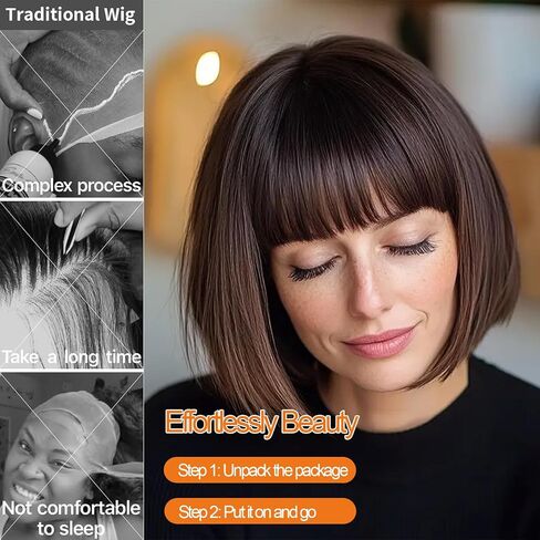 Short Bob Wig,Straight Bob Wig with bangs, 12 inch Straight Bob Bangs Wig,Short Synthetic Fiber Bob Wigs for Women Natural Looking for Daily Use (Light brown) in Kuwait