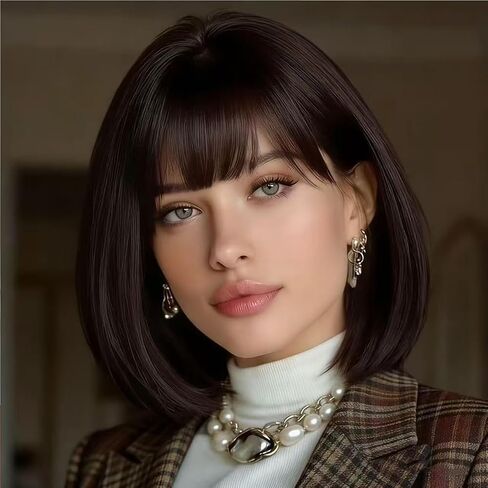 Short Bob Wig,Straight Bob Wig with bangs, 12 inch Straight Bob Bangs Wig,Short Synthetic Fiber Bob Wigs for Women Natural Looking for Daily Use (Light brown) in Saudi Arabia