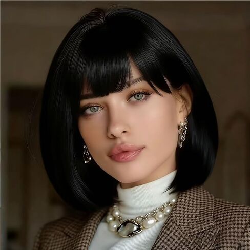 Short Bob Wig,Straight Bob Wig with bangs, 12 inch Straight Bob Bangs Wig,Short Synthetic Fiber Bob Wigs for Women Natural Looking for Daily Use (Light brown) in Kuwait