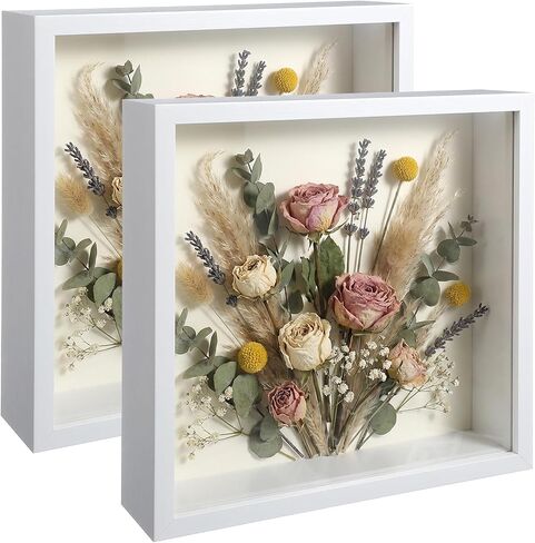 10"x10" Shadow Boxes Display Cases with Soft Linen Back Deep Wood Glass 3D Shadow Box Set for Wall and Tabletop Baby Sports, 2 Pack White in Saudi Arabia